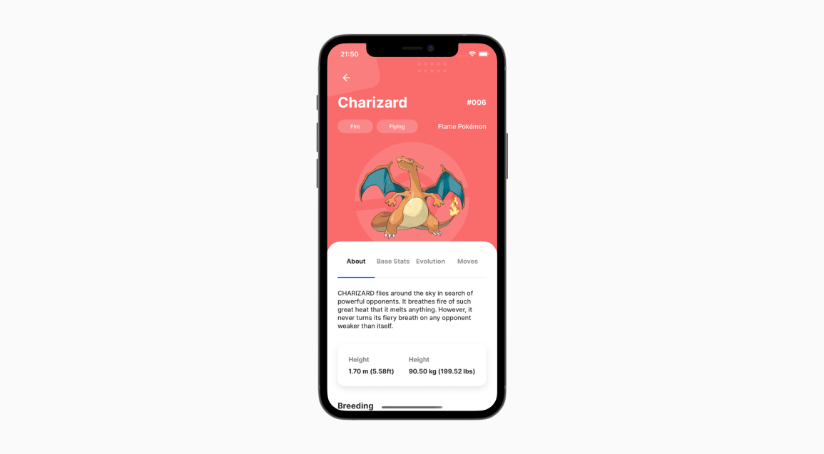 Pokemons details page containing about, base stats, evolution and moves.