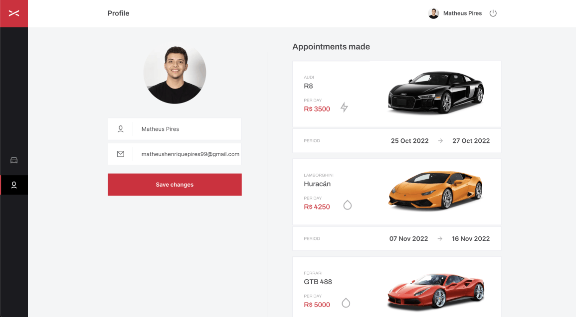 User can see and update his data (name and email) and also check all rents made by him.