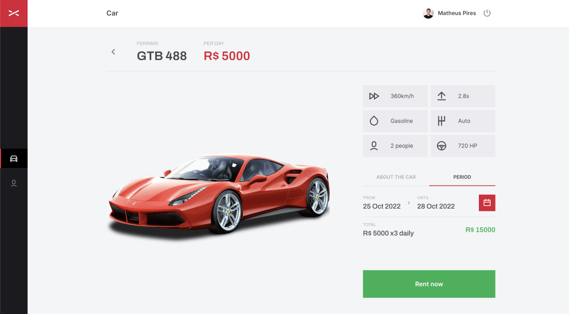 Information about rent period, among side with total price and rent button.