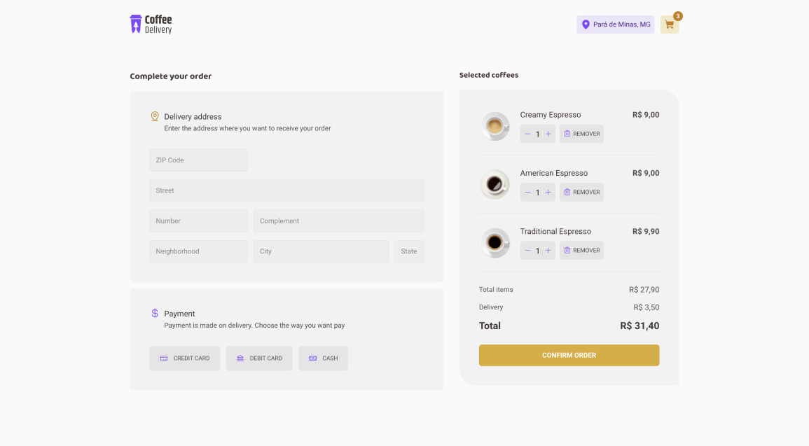 Review order as well with delivery address form and payment selection.