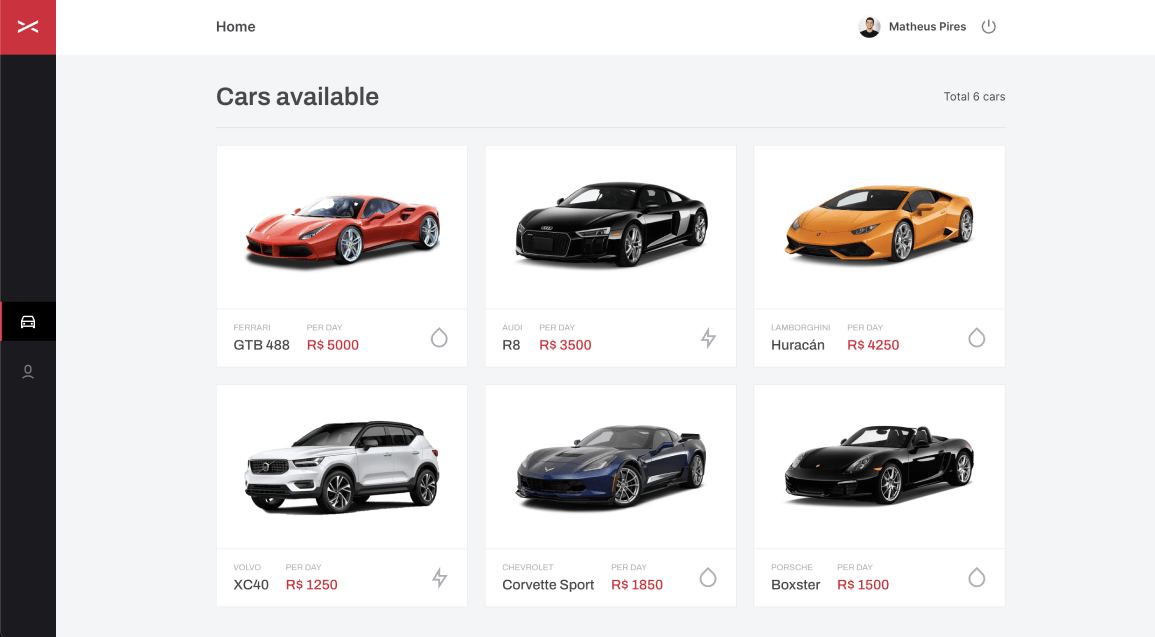 List of all available cars for rent in a card view where it has a car image, brand, model and rent price per day.